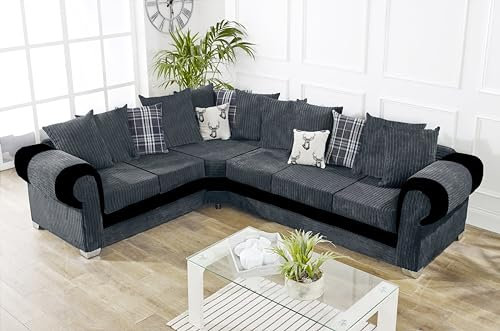 Black & Grey Large U shape sofas- Corner Sofa for Living Room jumbo Cord Fabric Settee Sofas - Cheap Left & Right couches - 555 (Grey, Right Hand Side 280x220cm)