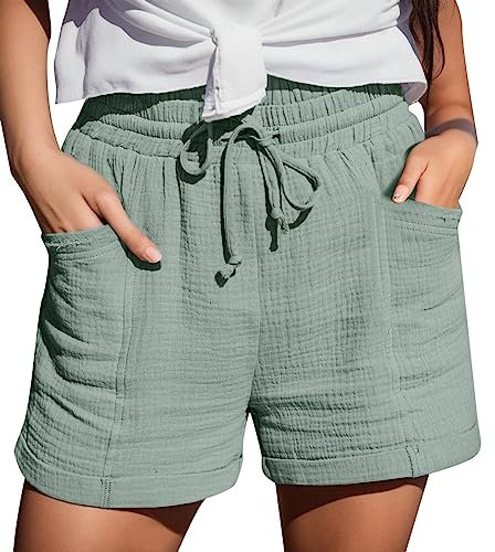 Hsternexy Shorts Damen,Sommer Leinen Musselin Kurze Hose Beach Shorts Mit Taschen Mode Lässige Stoffhose Freizeit Shorts Elastische Taille Stretch Gerades Bein Sport Shorts mit Kordelzug Leinenhose