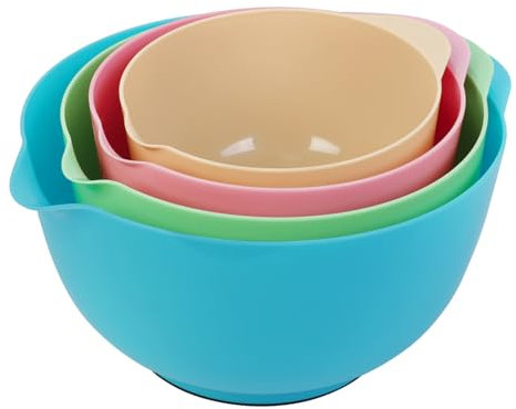 BoxedHome Mixed Pink Cyan Nesting Plastic Mixing Bowl Set with Pour Spout, Microwave and Dishwasher Safe, BPA Free Non-Slip Base, Set of 4, Great for Prepping, Baking, Cooking