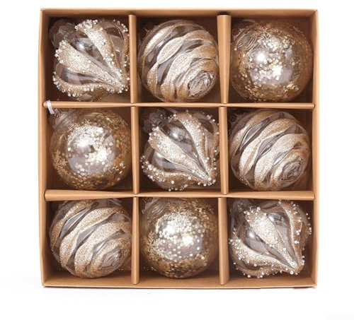 Zilimontt Weihnachtsbaumschmuck-Kugel-Set, Weihnachtskugeln, Glitzerkugeln, dekorative Kugeln, Fenster-Aufhängung, Weihnachtskugeln, 8 cm (Champagner), 9 Stück
