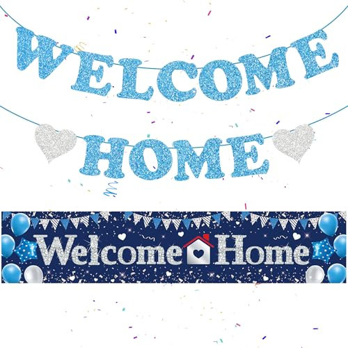 Welcome Home Letter Banners Blue - 2 Pieces Welcome Back Hanging Backdrop Military Relatives Returning Housewarming Decorations Blue Silver Background Banner for Homecoming Family Party Indoor Outdoor