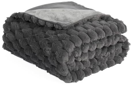 OHS Faux Fur Waffle Throw Blanket, Thick Throws for the Sofa Winter Warm Blanket Ultra Soft Cosy Warm Sofa Throw Blankets for Bedroom Living Room, 125 x 150cm - Charcoal