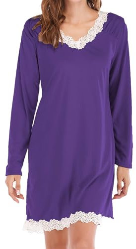 Pyjama Femme Sexy Chemises de Nuit à Manches Longues pour Femmes, col en V, Chemises de Nuit en Dentelle, t-Shirt décontracté, Robe de Nuit avec Nuisette Longue Femme Nuisette Et (Purple, XXXL)