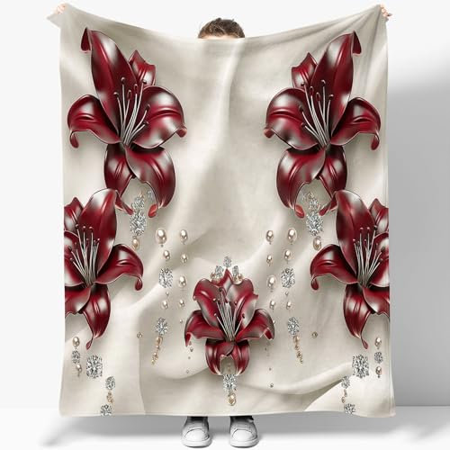 Kuscheldecke Symmetrisches Design Seide LilienWeiß Fleecedecke für Couch Decke, Warme Super Weiche Sherpa Decke Schlafdecke Sofadecke Reisedecke 180 x 220 cm
