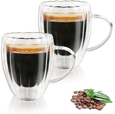 KAMEUN Double Wall Glass Doppelwandige Latte Macchiato Gläser, 2er Set 350ml Borosilikatglas mit Henkel, Kaffeegläser Teegläser Thermogläser Doppelglas Cappuccino Gläser
