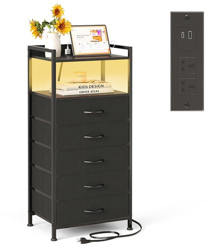 MUTUN Bedside Table with Charging Station and LED Lights, Tall Dresser Nightstand with 5 Drawers Sofa Side Table,Open Storge Shelf 2 Outlet & USB & Type-C Port for Bedroom, Living Room, Office Black