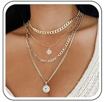 TseenYi Multilayer Evil Eye Necklace Layered Gold Chain Chunky Necklace Crystal Evil Eye Pendant Necklace Punk Layering Chunky Chain Necklace Thick Cuban Chain Choker Necklace