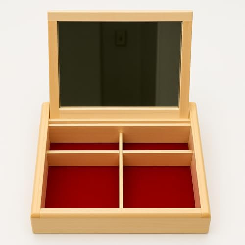 Hochwertige Schmuckschatulle, Schmuckaufbewahrung, Schmuckkasten, Schmuckkästchen, Make up Organizer aus Buchenholz mit einem Spiegel und 3 Fächern in natur, L/B/H 20 x 20 x 5 cm.