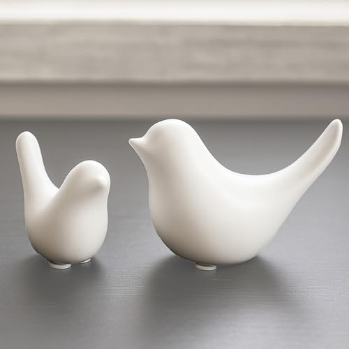 Keramik Vogelfiguren 2er Set, weiße Vogel Deko, modernes Wohnaccessoire