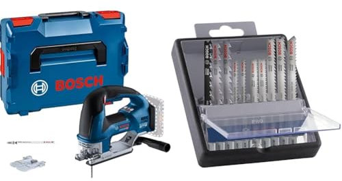 Bosch Professional 18V System Akku Stichsäge GST 18V-155 BC (bürstenlosem Motor, ohne Akku/Ladegerät) + 10x PRO Hardwood and Laminate Stichsägeblatt-Set (für Hartholz, Parkett, Länge 83 mm, Zubehör)