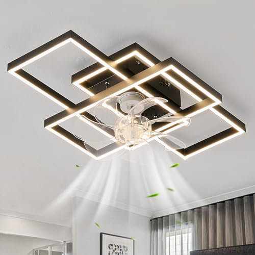 ZOMLBOF Cuadrado Ventilador De Techo Con Luz Con Mando A Distancia, Regulable Reversibile Ceiling Fan With Light Dormitorio Silencioso 6 Velocidades Sala, Negro