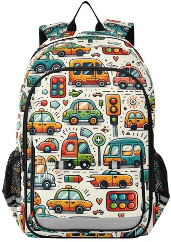 Mnsruu Rucksack mit Cartoon-Autos und Ampeln, für Kinder, Jungen, Mädchen, Schultasche, Damen, Herren, Laptop-Rucksack, Reiserucksack