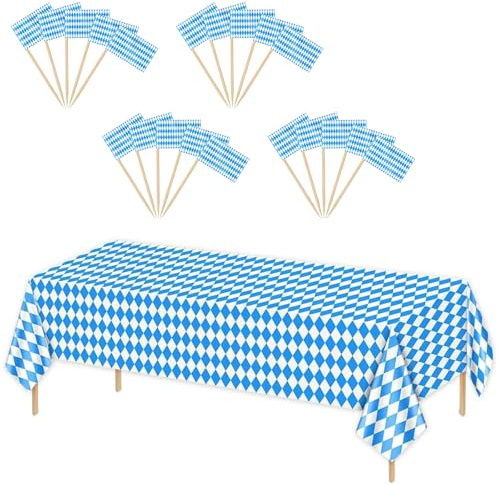 21-teiliges Set: 1 Tischdecke + 20 Zahnstocherflaggen für Sandwich, Cupcake, Cocktail – Oktoberfest deko, Oktoberfest Accessoires, deko Oktoberfest Party, bayrische deko