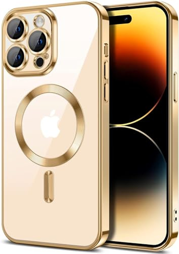 COVRELLA Hülle für iPhone 14 Pro Gold Transparent | Magnetisch, Vollständiger Kameraschutz mit Linsenschutzglas, Kompatibel mit MagSafe, Durchsichtig Weich