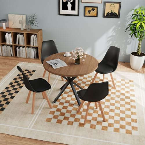 JZGORC Esstisch mit 4 Stühlen, Esszimmer-Set, 100 * 100 * 75 cm, Runder Esstisch aus Holz, 4 Stühle mit Hoher Rückenlehne, Beine aus Holzbuche, (Dunkelbraun + Schwarz)
