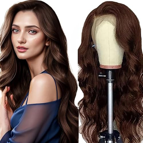 Salharer Echthaar Perücke für Damen Perücken Body Wave Human Hair Wig 13x6 Lace Front Wig Perücken Echthaar mit Babyhaar Any Part Chocolate Brown for Woman 20 Inch