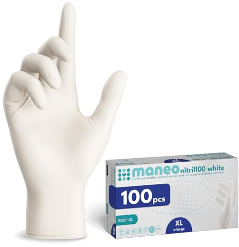 maneo 100 guanti monouso bianchi taglia XL, guanti in nitrile senza polvere e senza lattice, articoli in gomma monouso resistenti per pulizia, cucina e uso domestico