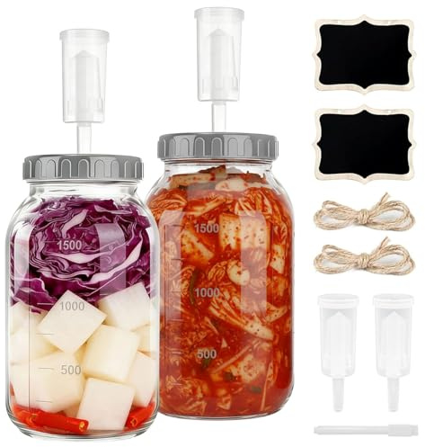 Ulluthu 2 Stück Fermentiergläser 2L, Kimchi Fermentieren Starter Set | Fermentationsglas mit Gärventi & Gewicht & Tafeln & Seil & Stift, Kimchi Behälter für Sauerkraut, Kombucha, Pickles