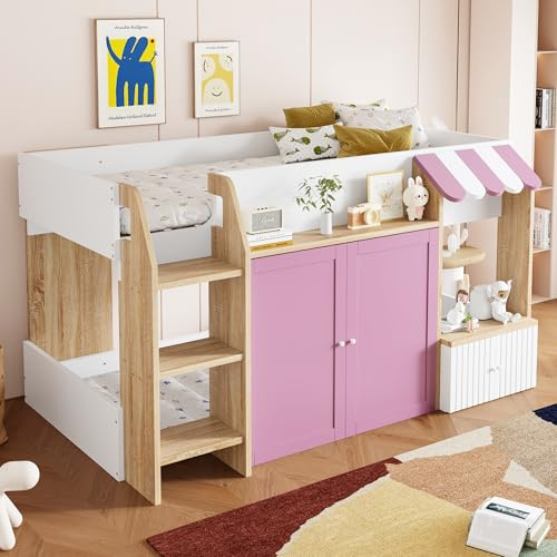 Merax Lit pour enfant 90 x 200 cm, lit cabane avec échelle d'escalade et espace de rangement ouvert, lit surélevé mi-hauteur en bois massif pour enfant avec étagères, lit simple polyvalent, couleur
