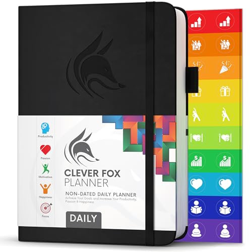 Agenda quotidien Clever Fox - Le meilleur agenda et calendrier quotidien pour stimuler la productivité, le bonheur et atteindre vos objectifs - Organisateur - A5, non daté - Noir