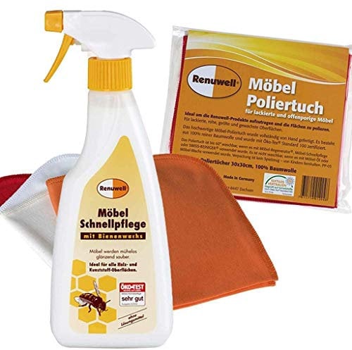 Renuwell Möbel Schnellpflege (500 ml) & Möbel-Poliertuch (1 Stück) – Effektive Reinigung, Pflege & Politur für Holz, Kunststoff & Metall