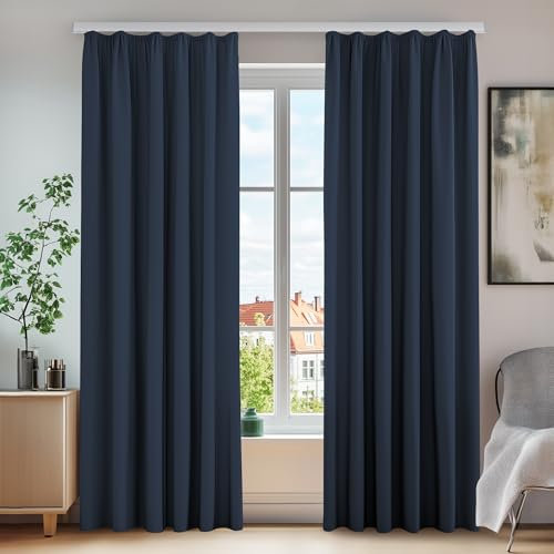 Deconovo Vorhang Kälteschutz Gardinen Blickdicht Lärmschutz mit Kräuselband, 220x140 cm(HöhexBreite), Dunkelblau, 2er Set