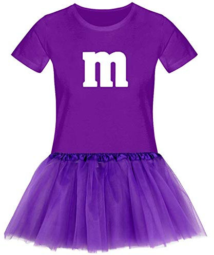 T-Shirt M&M + Tüllrock Karneval Gruppenkostüm Schokolinse 11 Farben Damen XS-3XL Fasching Verkleidung M's Fans Tanzgruppe, Größenauswahl:M, Farbauswahl:lila - Logo Weiss (+Tütü lila)