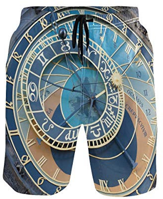 BKEOY Herren Strandshorts Old Prag Astronomische Uhr Shorts Sommer schnell trocknend Surfbrett Badehose mit Netzfutter Gr. L, Multi