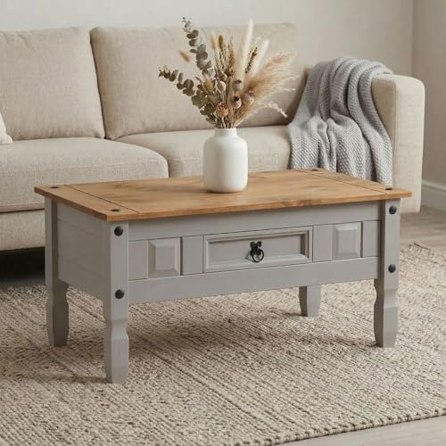 IDIMEX Table Basse Ramon Table d'appoint rectangulaire en pin Massif Gris et Brun avec 1 tiroir, Meuble de Salon Style Mexicain en Bois dim 95 x 45 x 50 cm