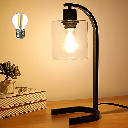 Depuley Lampe de Table Métal, Lampe de Chevet de Nuit en Fer Noir, Abat-jour en Verre Transparent, Ampoule E27 Fournie, Facile à Installer pour Salon Bureau,Design Industriel Moderne Rétro