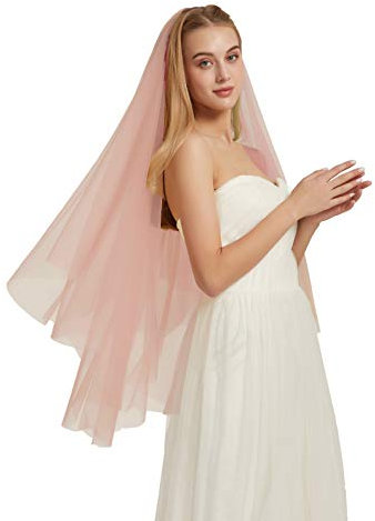 Voile de mariée en tulle double couche à 2 niveaux avec peigne, rose poudré, 40'' length