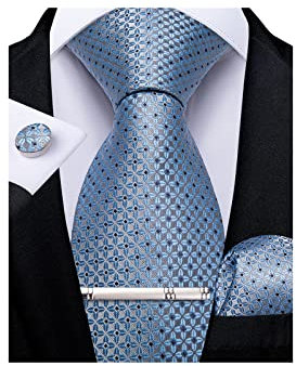 DiBanGu Cravate unie en soie tissée à rayures pour homme - Ensemble de cravate, mouchoir, boutons de manchette, pince à cravate formelle, affaires, mariage, Soie Bleu, taille unique