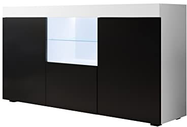 MB Muebles Bonitos | Wohzimmer Esszimmer Schrank Möbel Sideboard Modell Natolia | Breite 150 x Höhe 83 x Tiefe 40 cm | Mattes Melamin | 3 Türen | LED-Beleuchtung | Weiß und Schwarz
