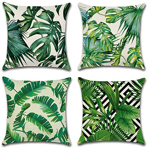OCEUMACO Leinen Kissenbezug 40x40 Dschungel Blätter Kissenhülle 4er Set Quadratisch Sofakissen Dekokissen Bezug für Couch Sofa Kissen Kissenbezüge Outdoor Deko Zierkissen Couchkissen - Grün