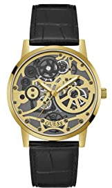 Guess Men's 42mm Watch - Black Strap Skeleton Dial Gold Tone Case