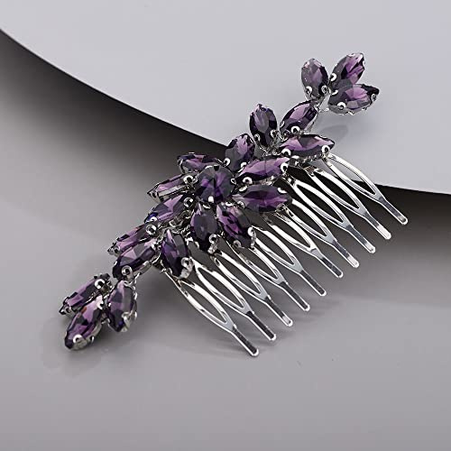 Chargances Purple Rhinestone Flower Hair Comb, Wedding Bridal Bridesmaid Prom Flower Girls, Handmade, 4.5*2.5 inches