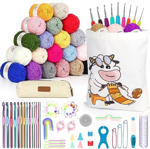 Aeeque Häkelsets für Anfänger, Erwachsene Häkeln Set mit Häkeltasche, Häkelzubehör, Ergonomische Häkelnadel mit Gummigriff, Häkel Set zum Häkeln Schals Pullover (83 Stück)