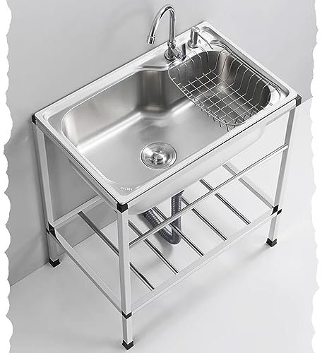 HCZION Fregadero Acero Inoxidable para Cocina, Fregadero Independiente Un Seno Fregadero Comercial Restaurante, Lavadero con Patas Acero para Jardin Garaje (Color : Hot/Cold, Size : 38x32cm/15x12.5i