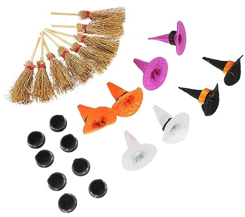 Toyvian Halloween Mini Witches Hat Collection 24pcs Set Broom Cauldron Tiny Witch Hat Decor for Home