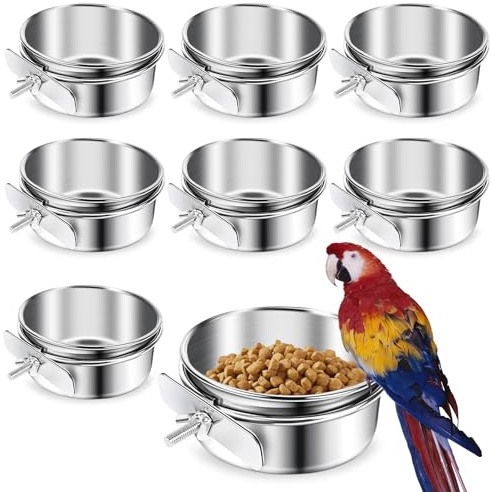 ToLanbbt 8 Pcs Stainless Steel Bird Food Bowls Bird Water Bowls with Clamp Holder, Parrot Feeding Dish Cups Parrot Cage Coop Feeders for Cockatiel Conure Budgie Parakeet Macaw Lovebird Small Animal, S