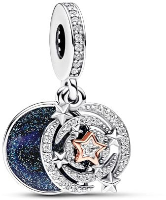 PANDORA Moments Bicolor Sternschnuppe Doppelter Charm-Anhänger aus Sterling Silber mit rosévergoldeter Metalllegierung, Zirkonia, Kompatibel Moments Armbändern, 782975C01