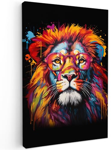 MuchoWow© Impressions sur Toile 60x90 cm Deco Tableau Murale Decoration Salon Peinture Tableaux Chambre Toiles Maison Graffiti - Lion - Lunettes - Noir - Banksy