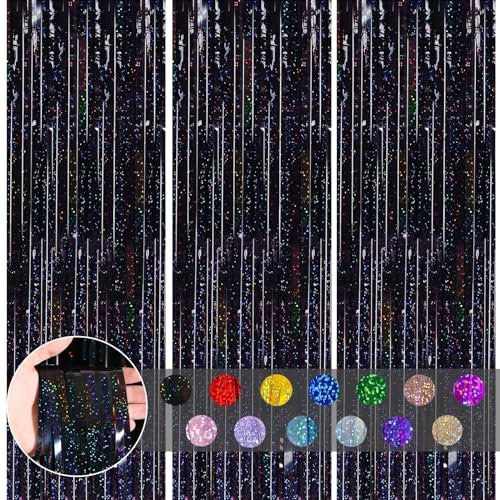 3pcs Tinsel Curtain Black Glitter Foil Door Curtain, 3.2ft x 6.5ft Foil Fringe Curtain Shimmer Backdrop Decorations for Birthday, Halloween, Graduation
