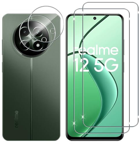 Lutree para Realme 12 5G/ Realme 12x 5G Cristal Templado, 2+2 Piezas Protector de Pantalla + Protector de Lente de Cámara, Dureza 9H HD Anti-Arañazos Vidrio Templado Película Protectora