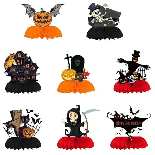 8 Stück Halloween Tischdeko, Halloween Bienenwabe Mittelstück für Tischdekoration Halloween Tabelle Topper Schwarz Orange Happy Halloween Partydeko, Kürbis, Fledermäuse, Geister, Schwarze Katze