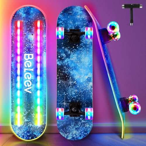 BELEEV Skateboard 31 x 8 Zoll LED Leuchtendem Deck und Rädern, Komplettes Skateboard für Kinder Jugendliche, Erwachsene, Double Kick Deck mit konkavem Profil, Cruiser-Trick-Skateboard für Anfänger