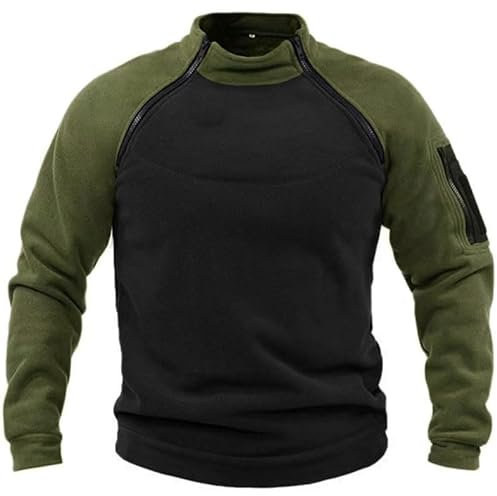 Pull en polaire pour homme - Sans capuche - Avec fermeture éclair - Style militaire - Col montant - Pour la pêche - Coupe-vent - Avec poche zippée, Vert, M