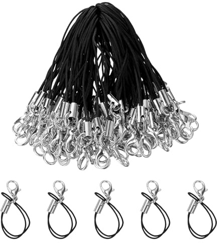 QUARKZMAN 100Pcs Fermoirs Cordons Sangle Lanière Noir | Charme Courte Corde à Doigts avec Fermoir Homard pour Coques de Téléphone Porte-Clés Fabrication de Bijoux DIY