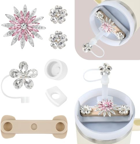 Stanley Tassen-Zubehör-Set, inklusive 1 Strohhalm-Abdeckung, 1 Silikonstück, 2 Stanley-Auslaufstopper, 3 Dekorationen, kompatibel mit Stanley Cup 1,2 l H2.0, zum Patent angemeldet (Sonnenblumenrosa)
