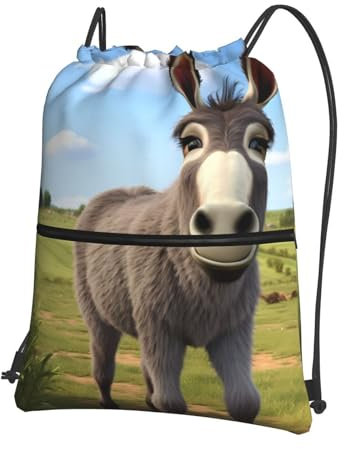 YYHWHJDE Rucksack mit süßem Esel-Muster, hochwertiger Kordelzug, Reißverschluss, geeignet für Outdoor-Freizeit, 15,3 x 45,7 cm (L x H), Schwarz , One size